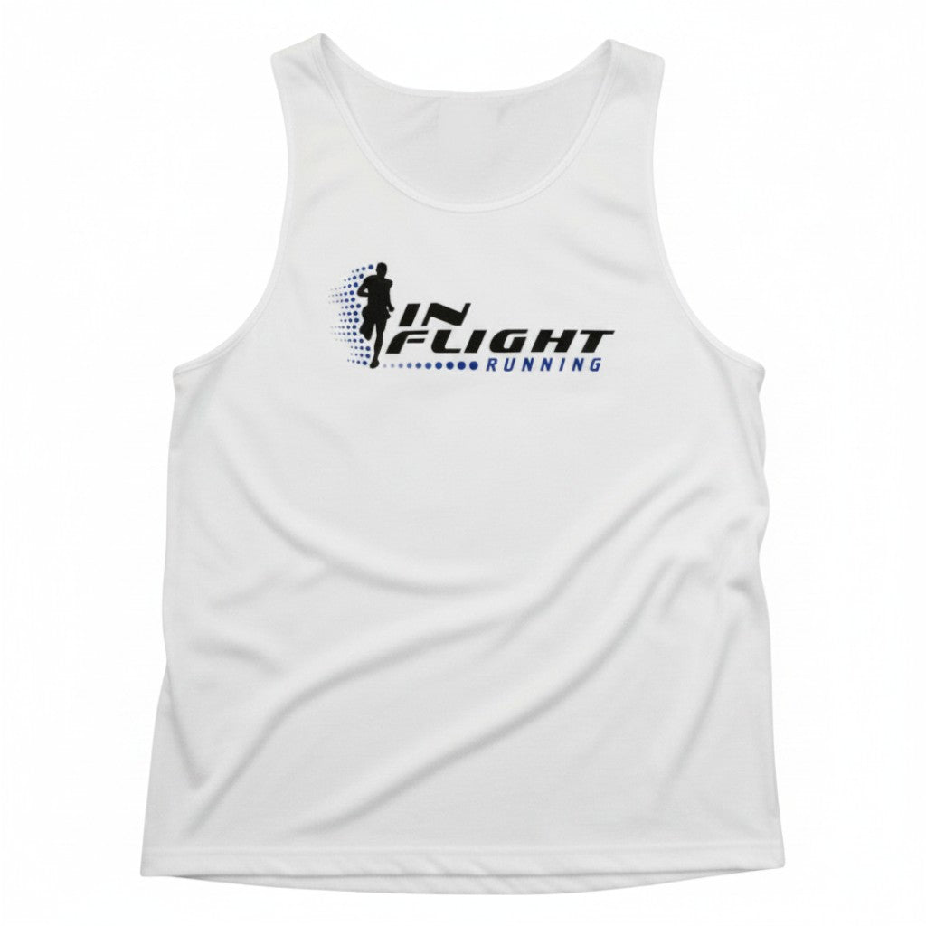 In Flight Running white 100% polyester men's running tank with retro logo on front.