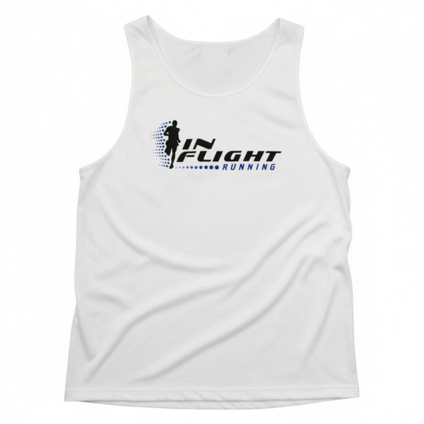 In Flight Running white 100% polyester men's running tank with retro logo on front.