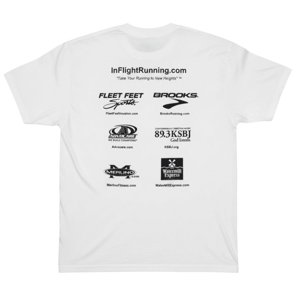 In Flight Running white 100% polyester moisture-wicking men's t-shirt with sponsor logos on back.