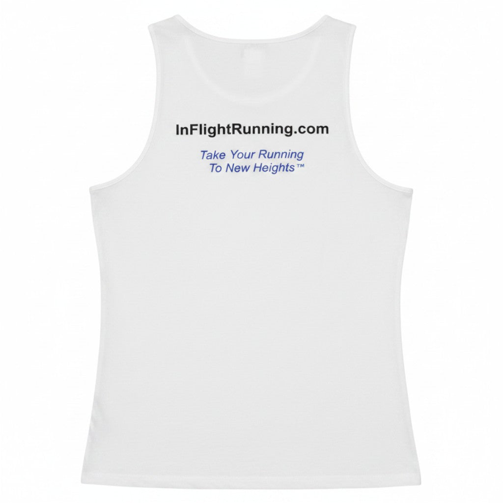 In Flight Running white 100% polyester men's retro running tank with logo and tagline.