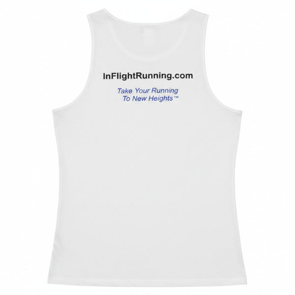 In Flight Running white 100% polyester men's retro running tank with logo and tagline.