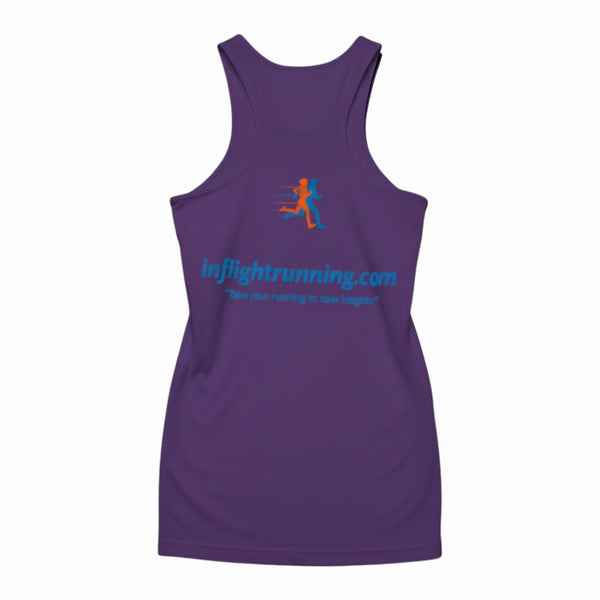 In Flight Running white polyester racerback tank top with blue and orange running figures and website text.