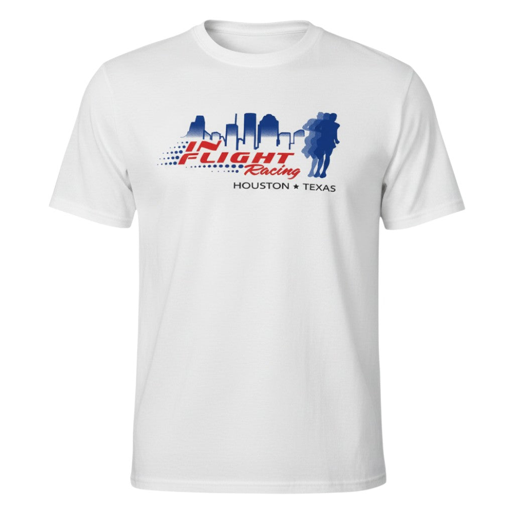 In Flight Running men's white 100% polyester moisture-wicking t-shirt with Houston skyline graphic.
