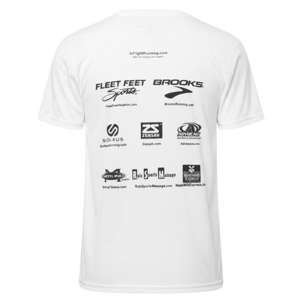In Flight Running women's white polyester moisture-wicking t-shirt with sponsor logos on back.