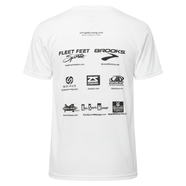 In Flight Running women's white polyester moisture-wicking t-shirt with sponsor logos on back.