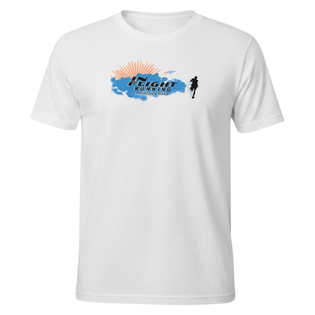 In Flight Running women's white polyester moisture-wicking t-shirt with Space Shuttle graphic and runner silhouette.