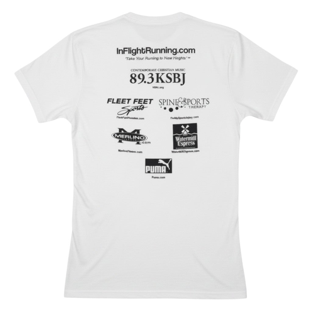 In Flight Running white polyester moisture-wicking women's running t-shirt with sponsor logos on back.