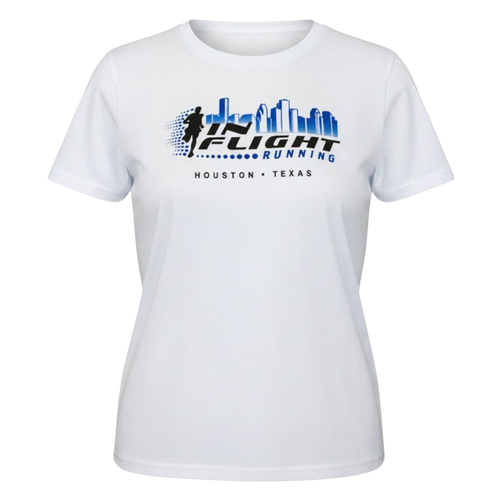 In Flight Running women's white 100% polyester moisture-wicking running t-shirt with Houston skyline graphic.