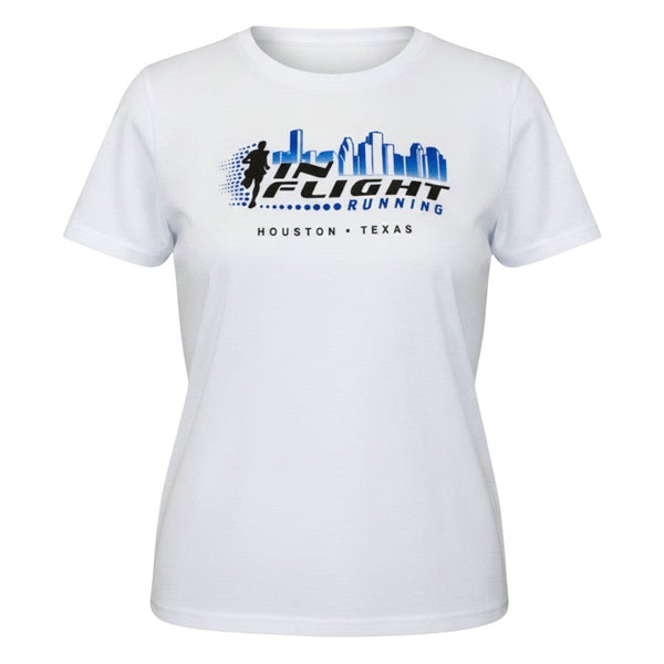 In Flight Running women's white 100% polyester moisture-wicking running t-shirt with Houston skyline graphic.