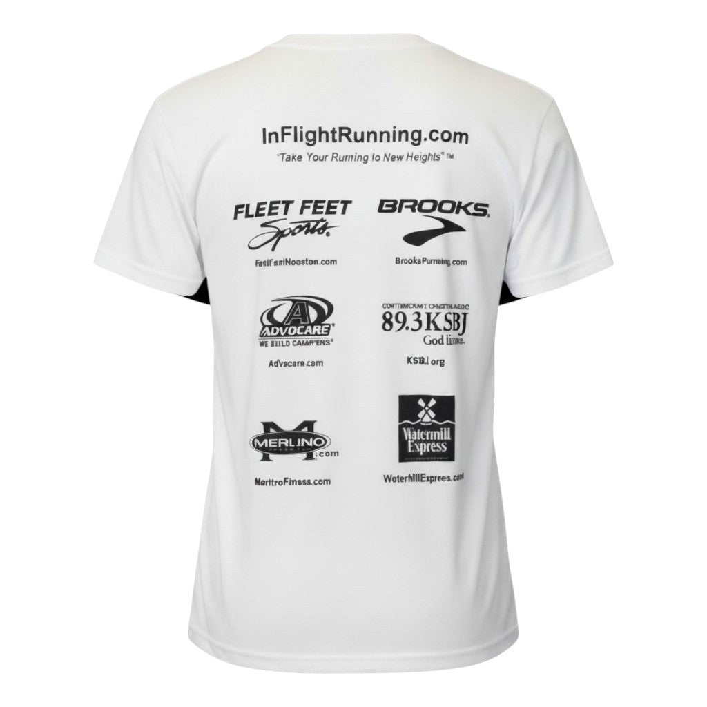 In Flight Running women's white 100% polyester moisture-wicking running t-shirt with sponsor logos on back.