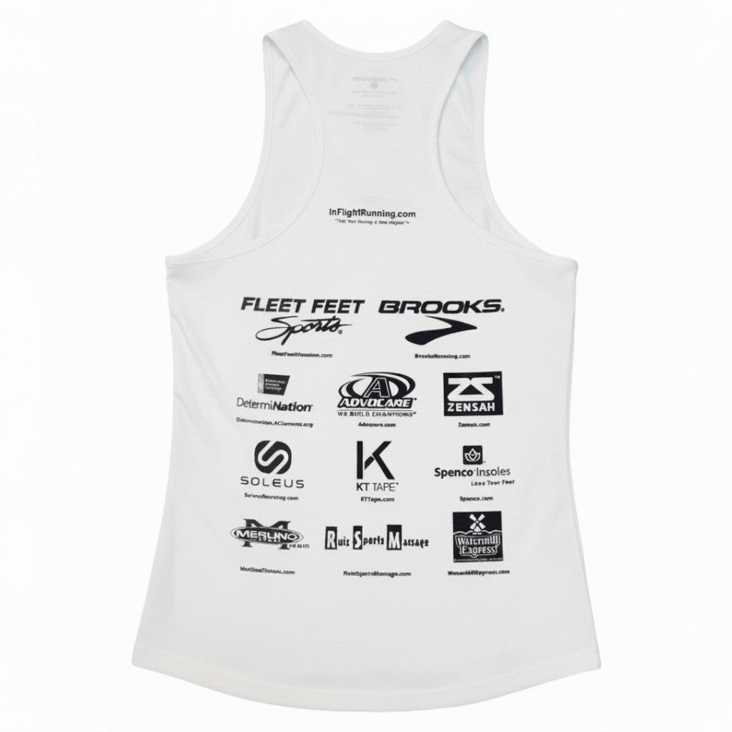 In Flight Running white polyester men's running tank with sponsor logos on back. Tapered fit.