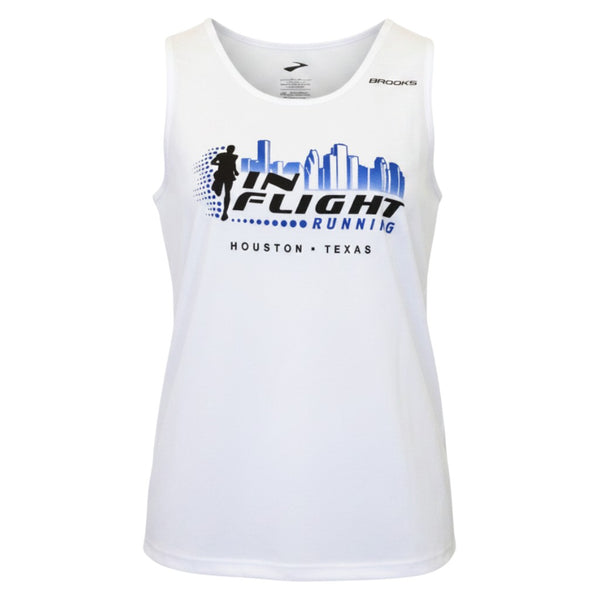 In Flight Running white polyester moisture-wicking women's running tank with Houston skyline graphic and Brooks logo.
