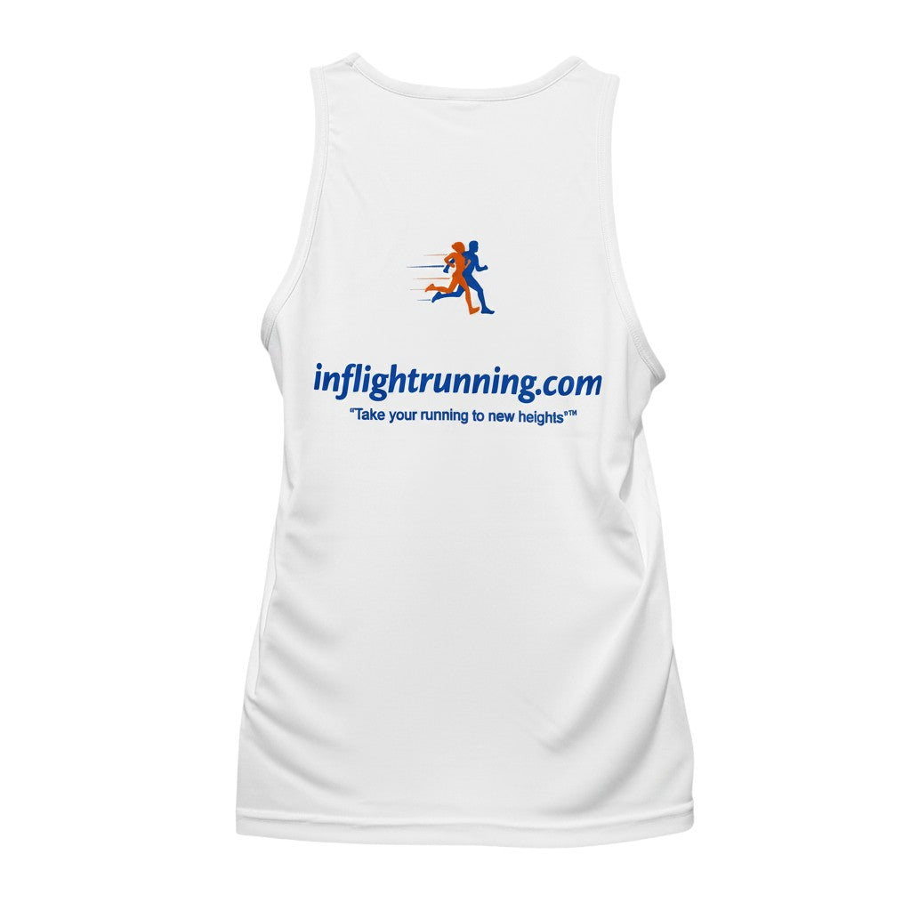 In Flight Running white polyester men's running tank with blue and orange runner graphic and website.
