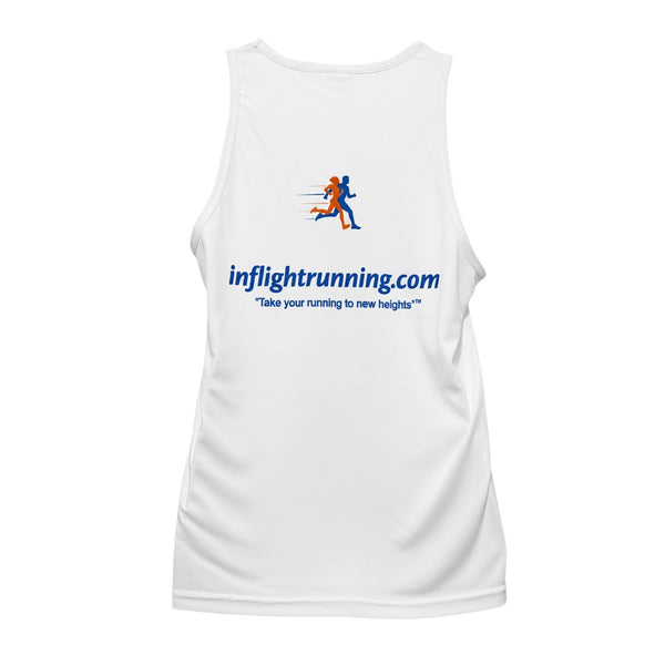 In Flight Running white polyester men's running tank with blue and orange runner graphic and website.