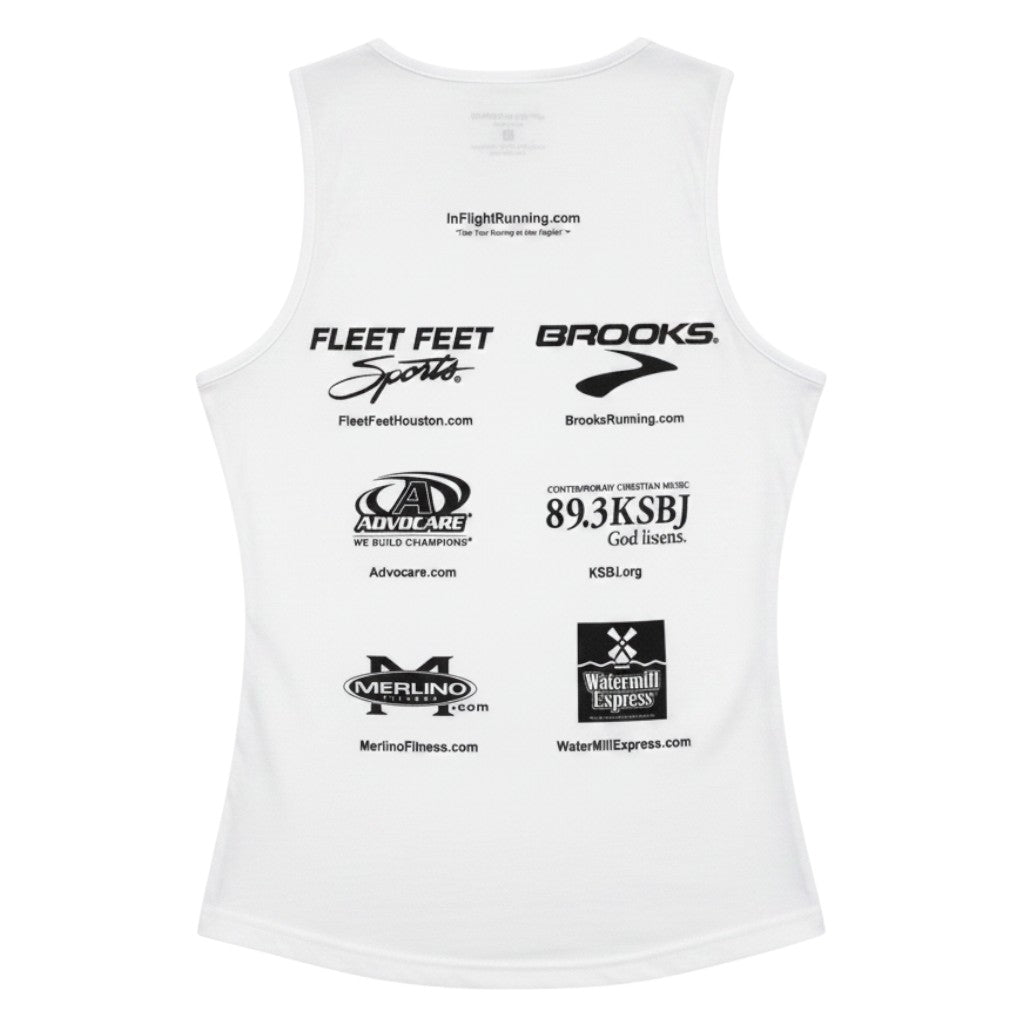 In Flight Running white polyester moisture-wicking women's running tank with sponsor logos on back.