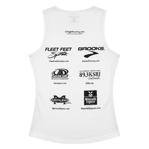 In Flight Running white polyester moisture-wicking women's running tank with sponsor logos on back.