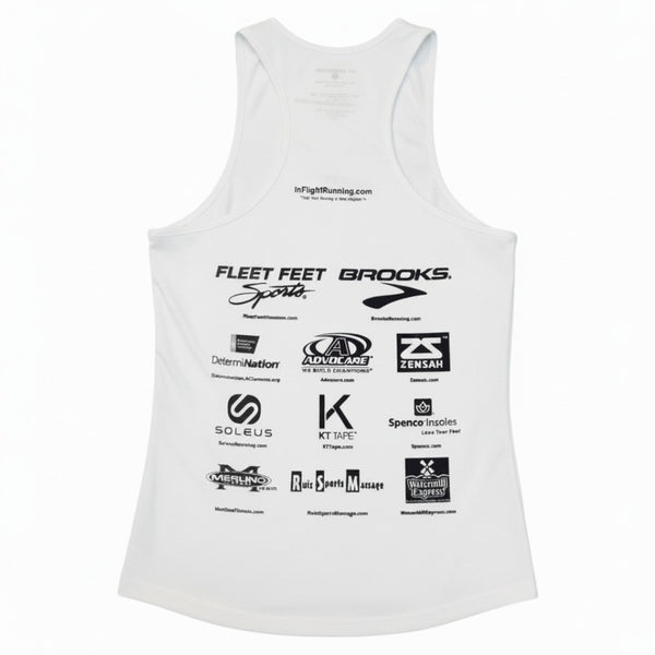 In Flight Running white polyester men's running tank with sponsor logos on back. Tapered fit.