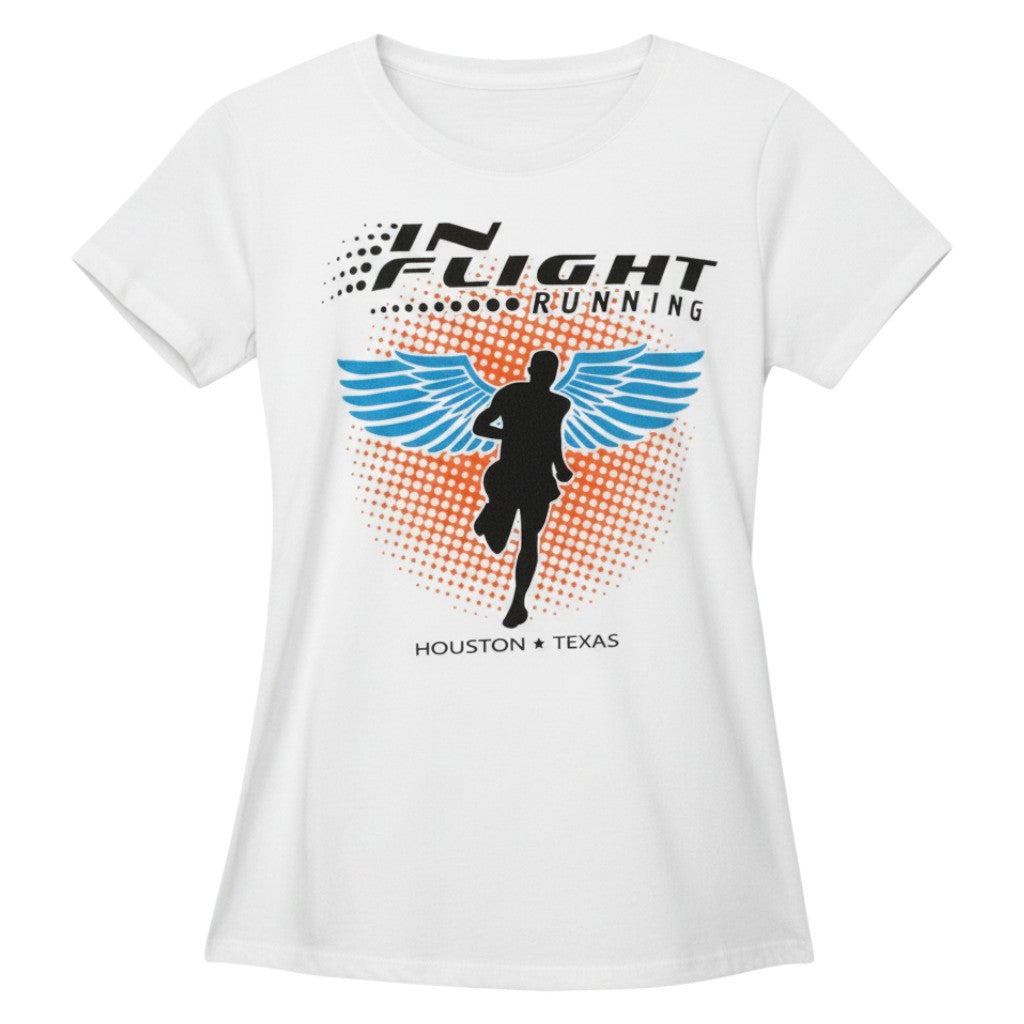 In Flight Running women's white 100% polyester moisture-wicking t-shirt with winged runner graphic and Houston Texas text.