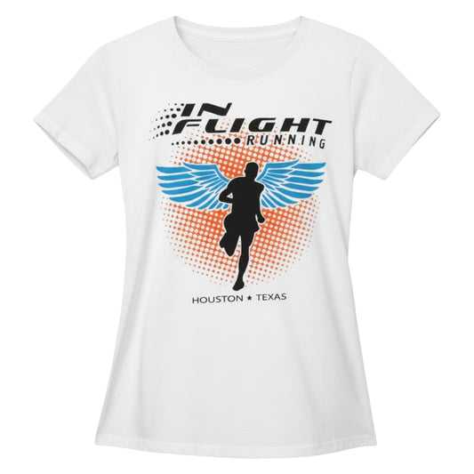 In Flight Running women's white 100% polyester moisture-wicking t-shirt with winged runner graphic and Houston Texas text.