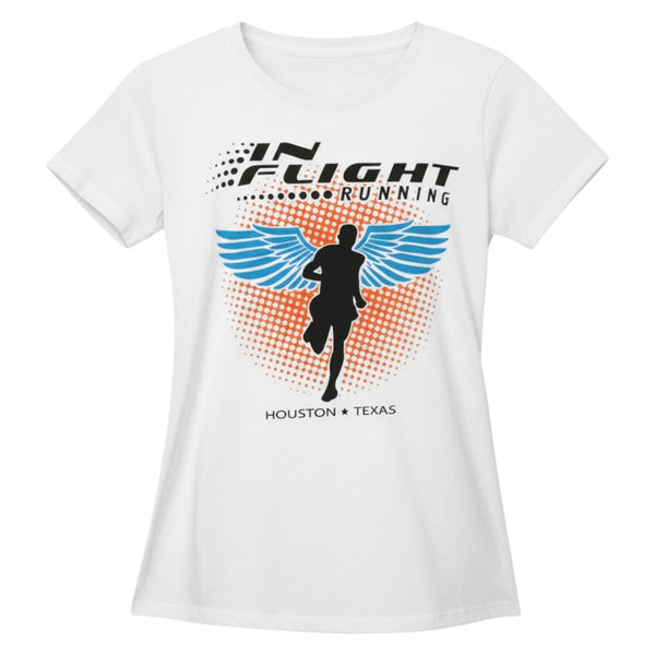 In Flight Running women's white 100% polyester moisture-wicking t-shirt with winged runner graphic and Houston Texas text.