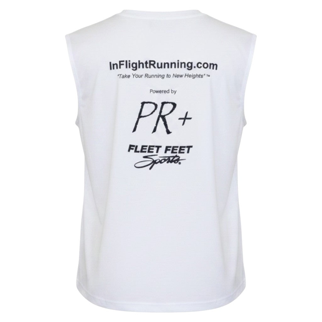 In Flight Running white polyester sleeveless running t-shirt with "InFlightRunning.com" and sponsor logos.