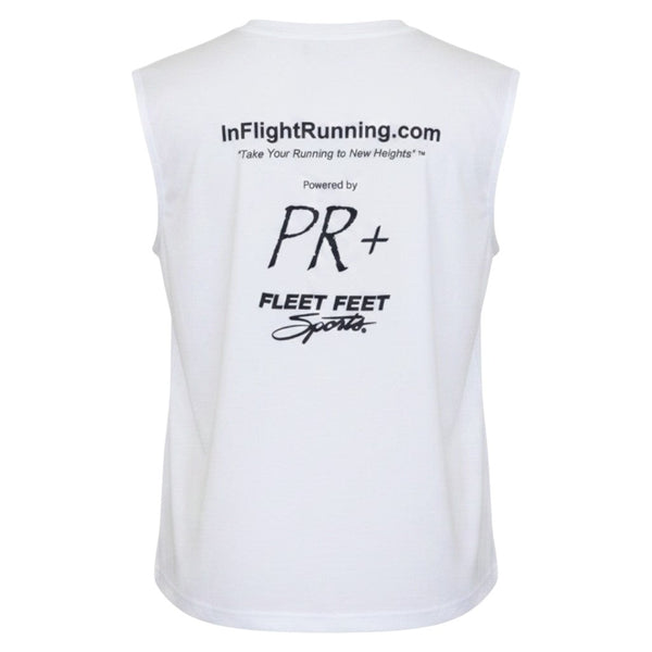 In Flight Running white polyester sleeveless running t-shirt with "InFlightRunning.com" and sponsor logos.