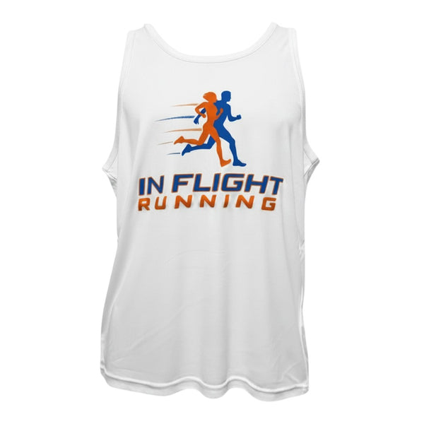 In Flight Running white polyester men's athletic fit racerback tank with moisture-wicking technology.