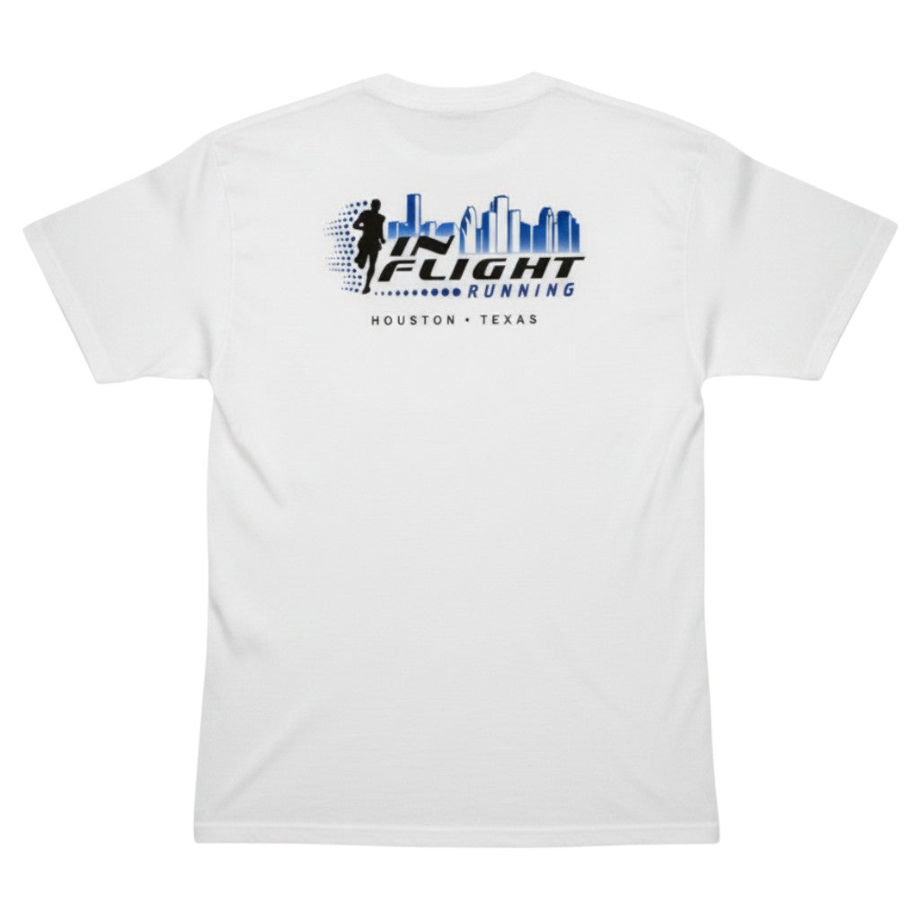 In Flight Running men's white 100% polyester moisture-wicking t-shirt with Houston skyline graphic.