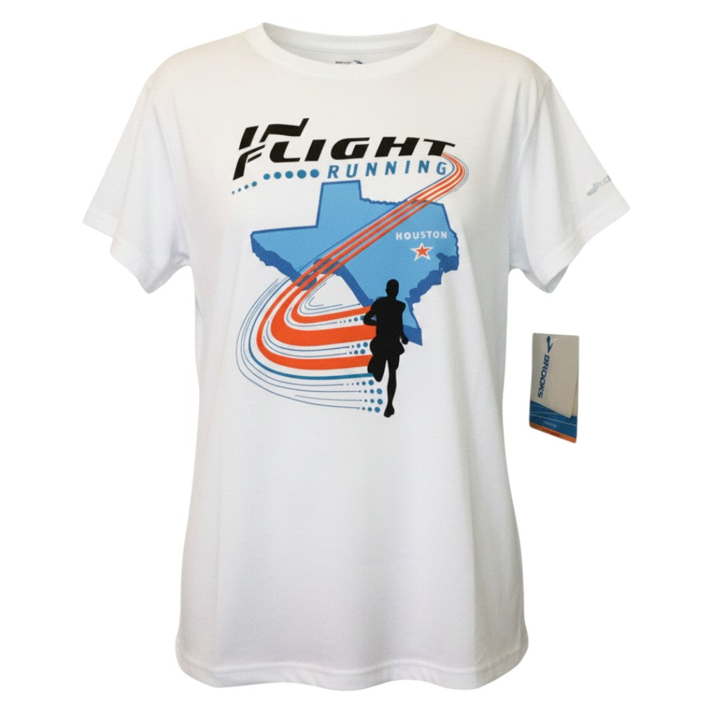 In Flight Running women's white polyester moisture-wicking t-shirt with Texas graphic and runner.