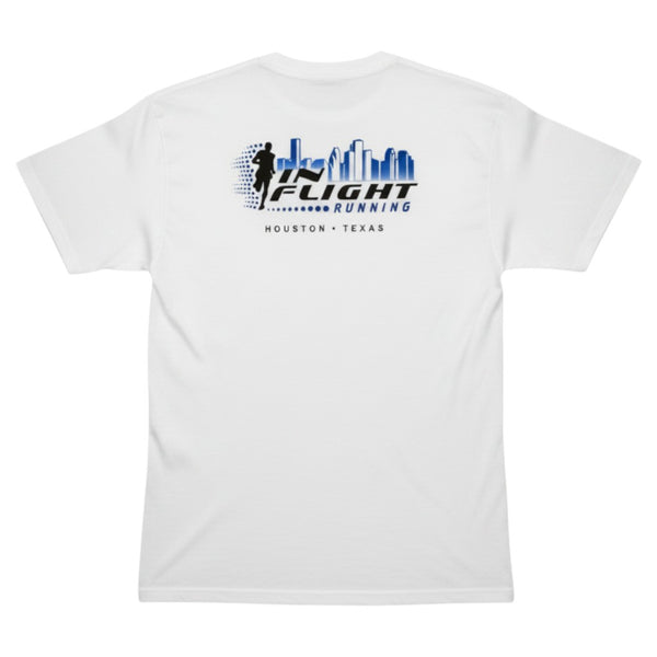 In Flight Running men's white 100% polyester moisture-wicking t-shirt with Houston skyline graphic.