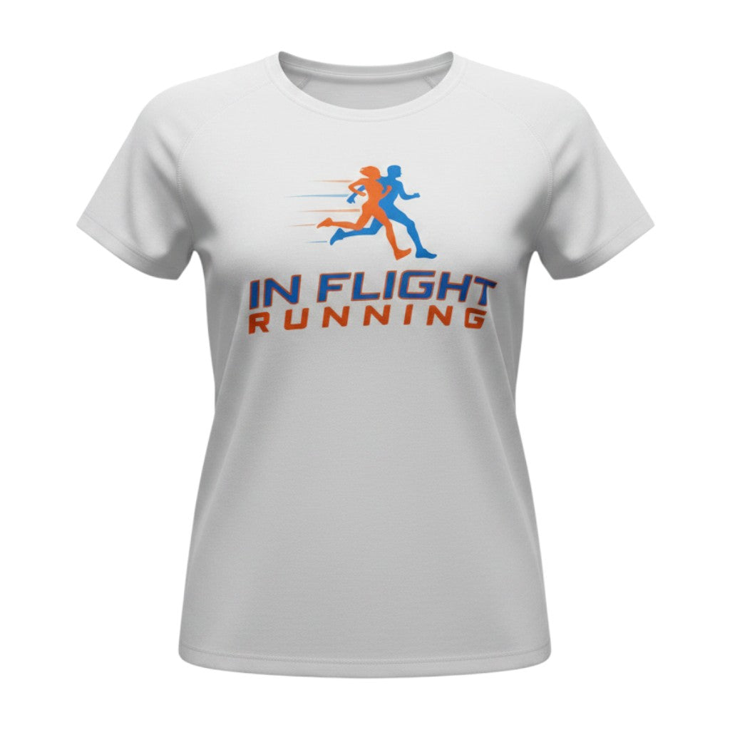 In Flight Running white scoop neck moisture-wicking t-shirt with running graphic and logo.