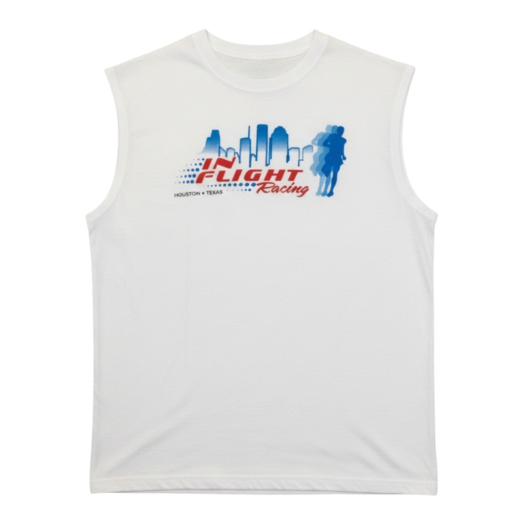 In Flight Running white polyester sleeveless t-shirt with Houston skyline graphic and runner silhouette.