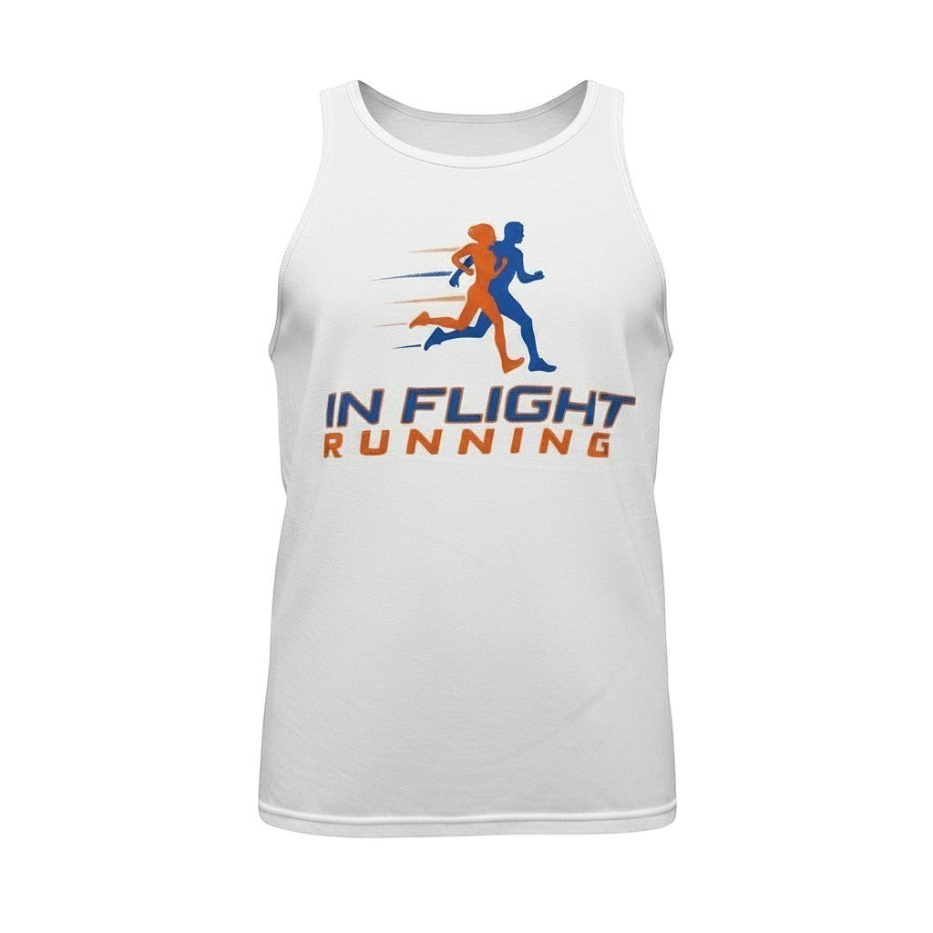 In Flight Running white tri-blend men's running tank with graphic of two runners and brand logo.