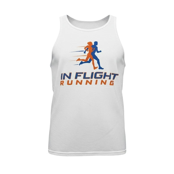 In Flight Running white tri-blend men's running tank with graphic of two runners and brand logo.