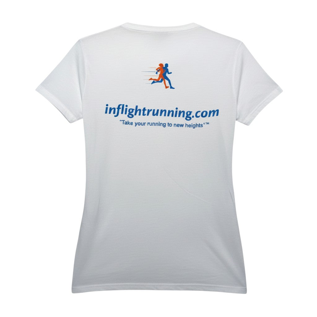 In Flight Running white women's tri-blend scoop neck t-shirt with running graphic and website on back.
