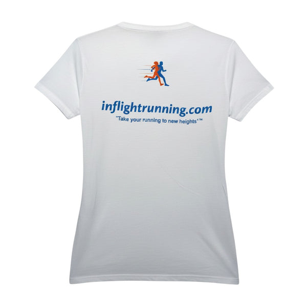 In Flight Running white women's tri-blend scoop neck t-shirt with running graphic and website on back.
