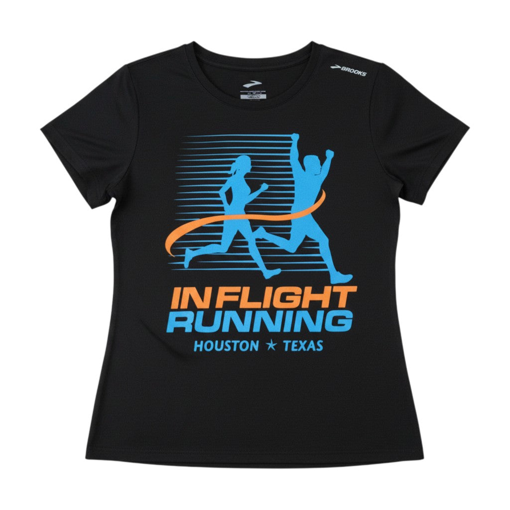 In Flight Running women's black 100% polyester moisture-wicking t-shirt with retro logo graphic.
