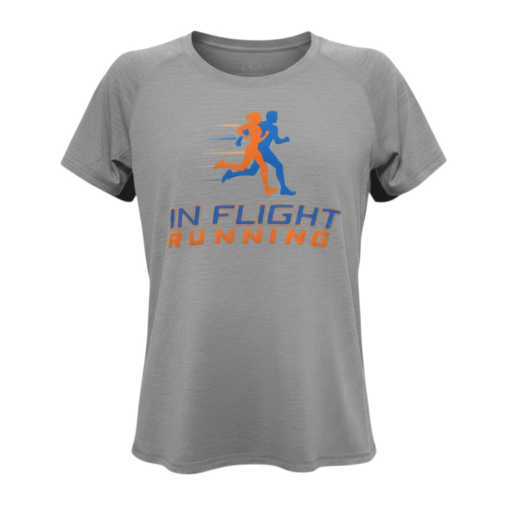 In Flight Running women's grey heathered tri-blend short sleeve running t-shirt with scoop neck and graphic logo.