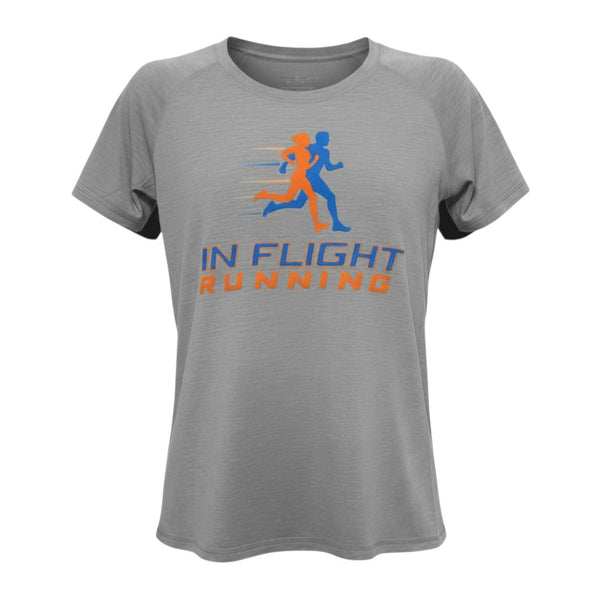 In Flight Running women's grey heathered tri-blend short sleeve running t-shirt with scoop neck and graphic logo.