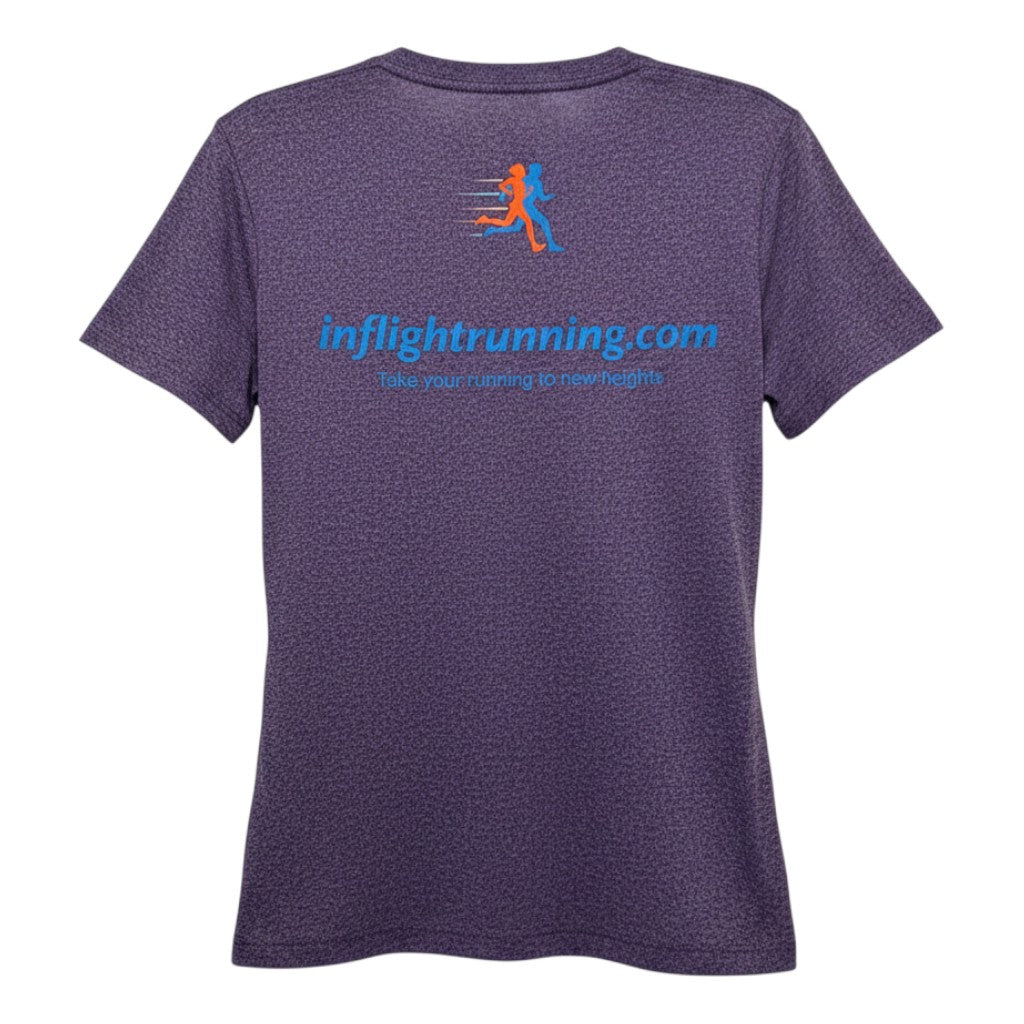 In Flight Running women's heathered purple moisture-wicking t-shirt with scoop neck and graphic logo on back.