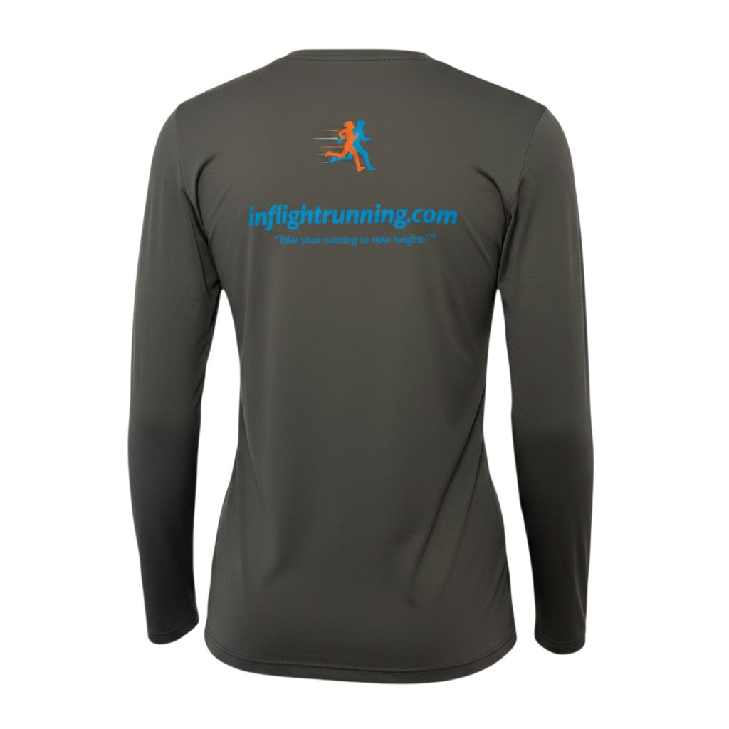 In Flight Running women's dark grey long sleeve running shirt with UPF 50 protection and moisture-wicking fabric.