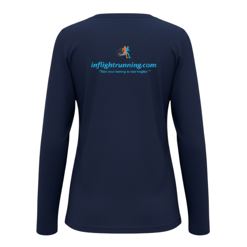In Flight Running women's navy blue long sleeve running shirt with UPF 50 protection and moisture-wicking fabric.