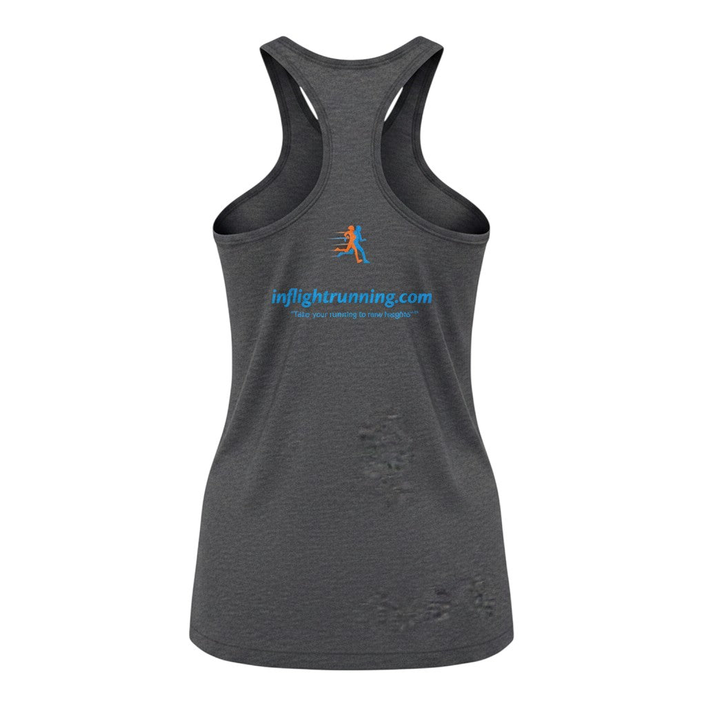 In Flight Running women's dark grey tri-blend racerback running tank with logo and tagline on back.