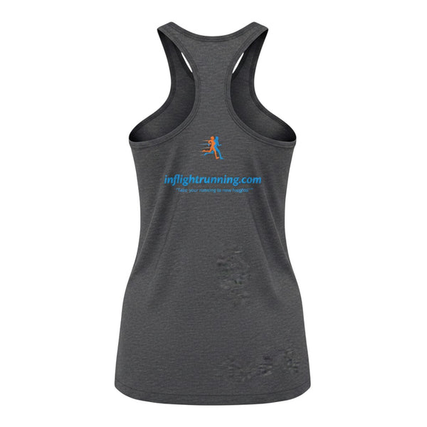 In Flight Running women's dark grey tri-blend racerback running tank with logo and tagline on back.