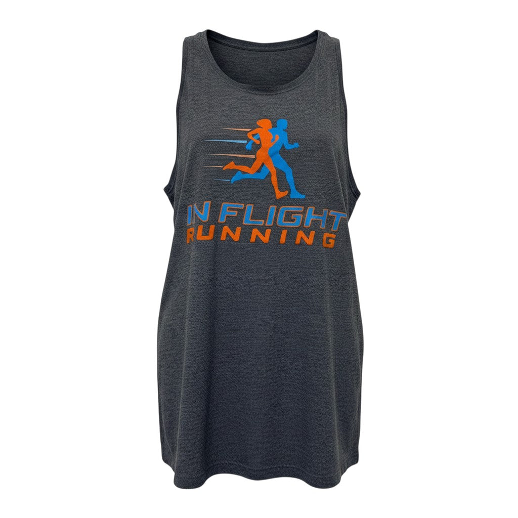 In Flight Running women's dark grey tri-blend racerback tank top with orange and blue running graphic.