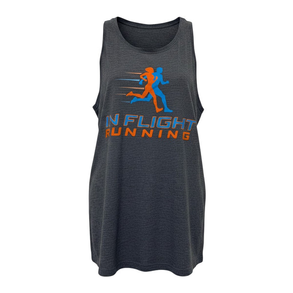 In Flight Running women's dark grey tri-blend racerback tank top with orange and blue running graphic.