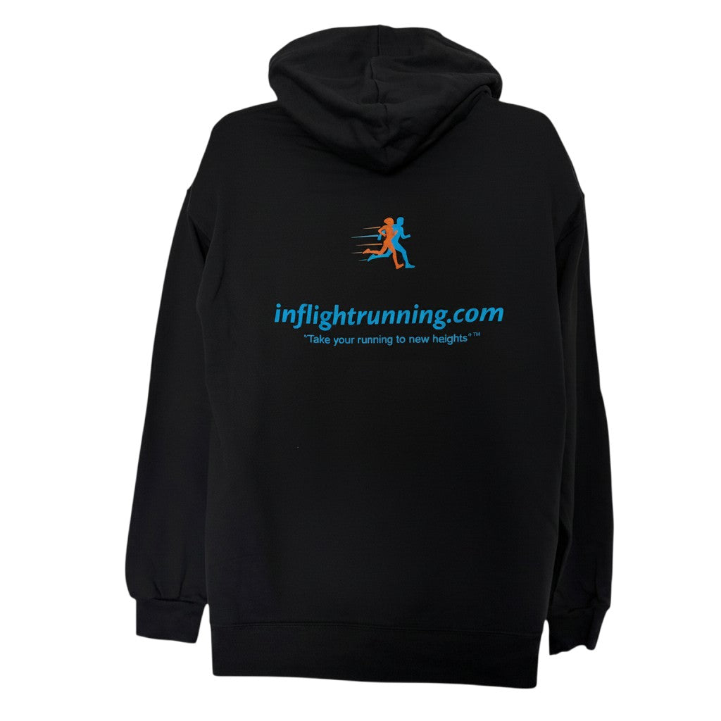 In Flight Running black cotton/poly blend fleece hoodie with logo and tagline on back. Moisture-wicking and wrinkle-release.