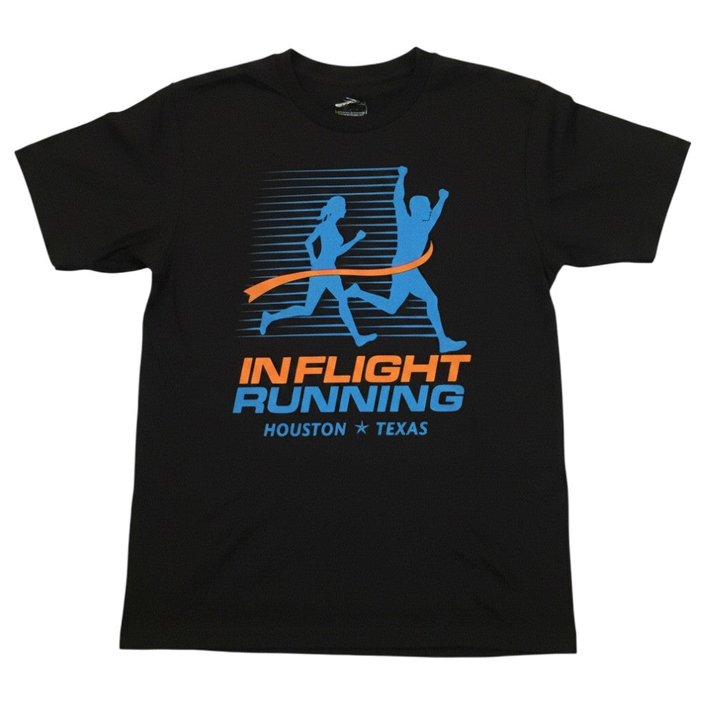 In Flight Running black 100% polyester moisture-wicking men's t-shirt with retro logo and sponsor details.