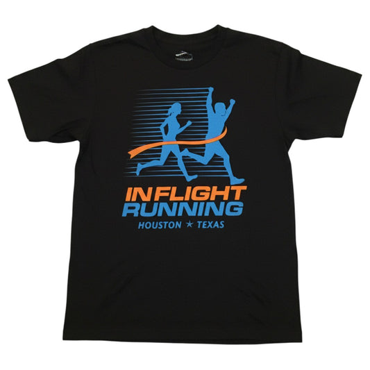 In Flight Running black 100% polyester moisture-wicking men's t-shirt with retro logo and sponsor details.