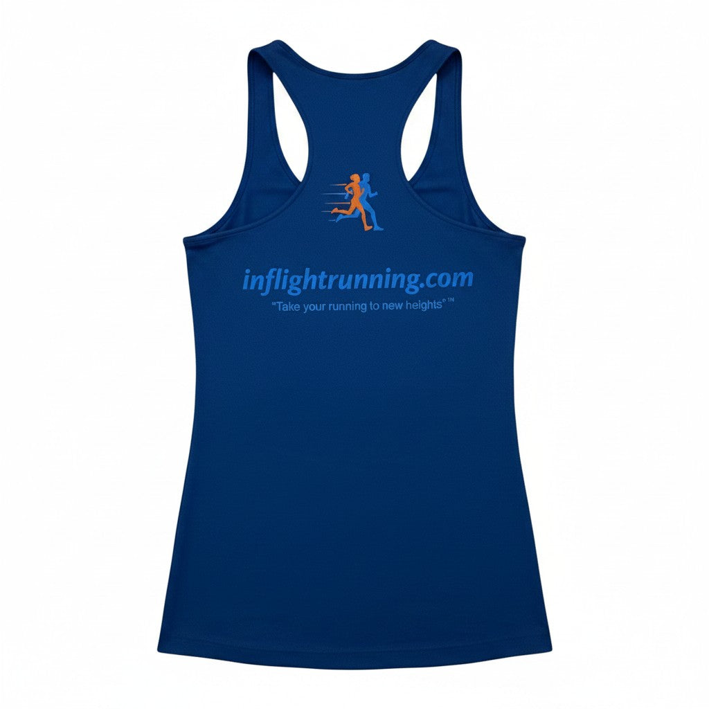 In Flight Running blue polyester racerback tank top with logo and website on back. Lightweight and moisture-wicking.